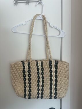 Woven Straw Tote Bag with Black Stripe Detail